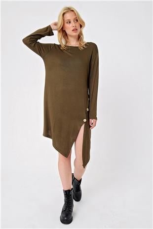Kadın Haki Asimetrik Kesim Düğme Detaylı Viscon Elbise ALC-X4860