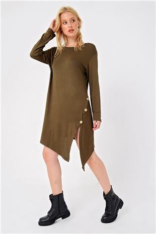 Kadın Haki Asimetrik Kesim Düğme Detaylı Viscon Elbise ALC-X4860
