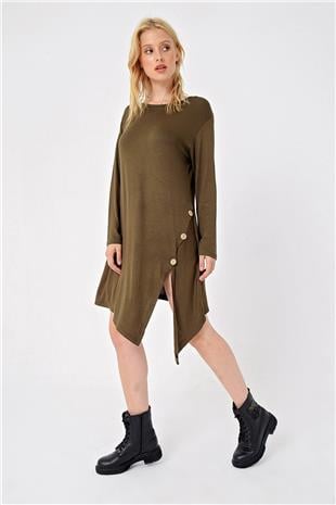 Kadın Haki Asimetrik Kesim Düğme Detaylı Viscon Elbise ALC-X4860