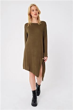 Kadın Haki Asimetrik Kesim Düğme Detaylı Viscon Elbise ALC-X4860