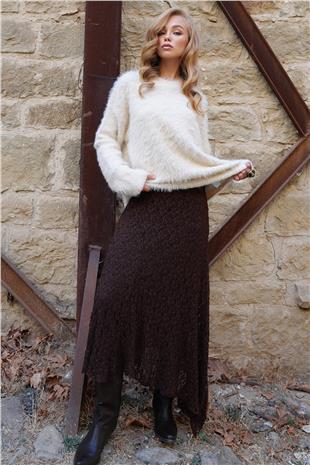 Kadın Acı Kahve Asimetrik Kesim İçi Astarlı Dantel Etek ALC-X14521