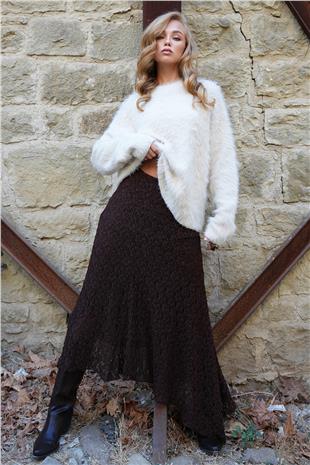 Kadın Acı Kahve Asimetrik Kesim İçi Astarlı Dantel Etek ALC-X14521