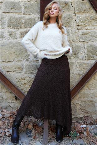 Kadın Acı Kahve Asimetrik Kesim İçi Astarlı Dantel Etek ALC-X14521