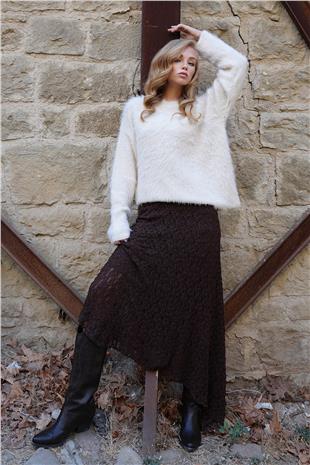 Kadın Acı Kahve Asimetrik Kesim İçi Astarlı Dantel Etek ALC-X14521