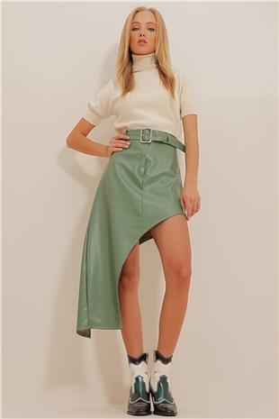 Kadın Yeşil Asimetrik Kesim Kemerli Suni Deri Etek  ALC-X10931