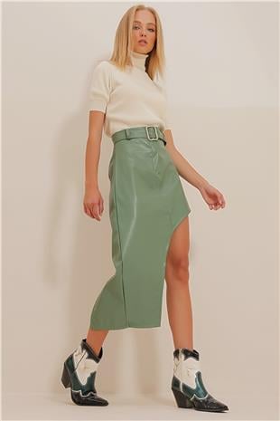 Kadın Yeşil Asimetrik Kesim Kemerli Suni Deri Etek  ALC-X10931