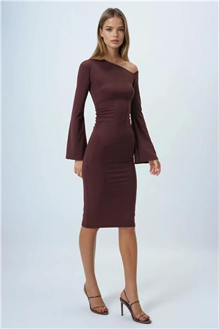 Kadın Kahverengi Asimetrik Yaka Basic Sandy Elbise VS00849