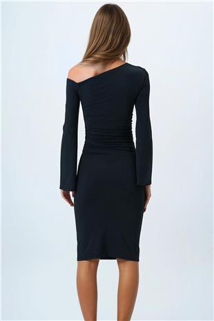 Kadın Siyah Asimetrik Yaka Basic Sandy Elbise VS00849