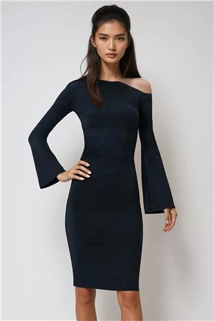 Kadın Siyah Asimetrik Yaka Beli Drapeli Sandy Elbise ALC-X14450