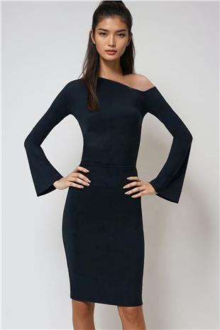 Kadın Siyah Asimetrik Yaka Beli Drapeli Sandy Elbise ALC-X14450