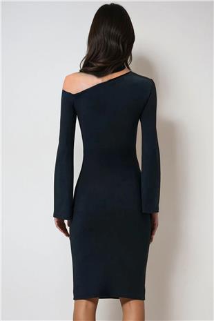 Kadın Siyah Asimetrik Yaka Beli Drapeli Sandy Elbise ALC-X14450