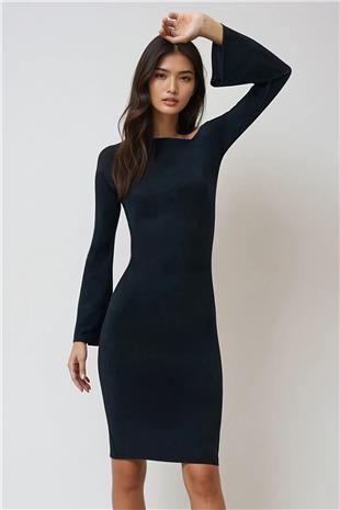 Kadın Siyah Asimetrik Yaka Beli Drapeli Sandy Elbise ALC-X14450