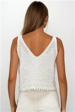 Kadın Krem Askılı Ajurlu Örme Crop Bluz VS00250