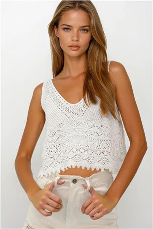 Kadın Krem Askılı Ajurlu Örme Crop Bluz VS00250