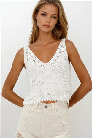Kadın Krem Askılı Ajurlu Örme Crop Bluz VS00250
