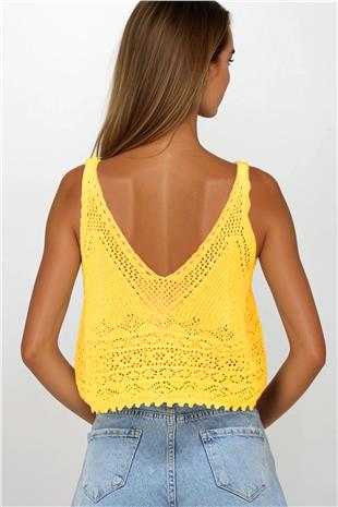 Kadın Sarı Askılı Ajurlu Örme Crop Bluz VS00250