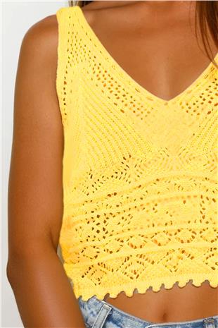 Kadın Sarı Askılı Ajurlu Örme Crop Bluz VS00250