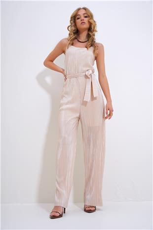 Kadın Açık Bej Askılı Beli Kemerli Göğüs Dekolteli Pileli Tulum ALC-X12192