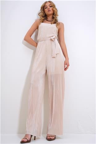 Kadın Açık Bej Askılı Beli Kemerli Göğüs Dekolteli Pileli Tulum ALC-X12192