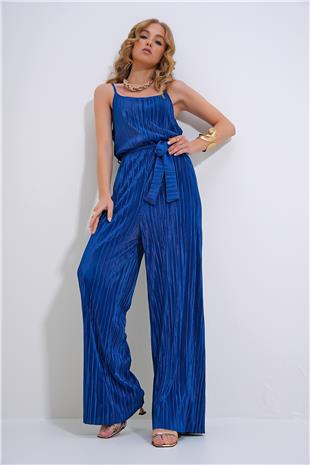 Kadın Lacivert Askılı Beli Kemerli Göğüs Dekolteli Pileli Tulum ALC-X12192