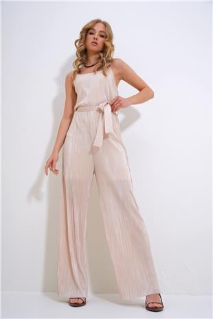 Kadın Açık Bej Askılı Beli Kemerli Göğüs Dekolteli Pileli Tulum ALC-X12192