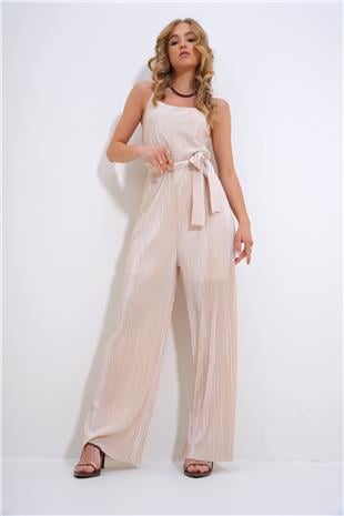 Kadın Açık Bej Askılı Beli Kemerli Göğüs Dekolteli Pileli Tulum ALC-X12192