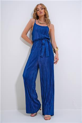 Kadın Lacivert Askılı Beli Kemerli Göğüs Dekolteli Pileli Tulum ALC-X12192