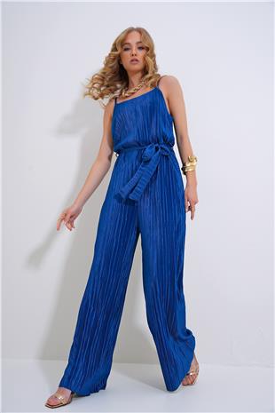 Kadın Lacivert Askılı Beli Kemerli Göğüs Dekolteli Pileli Tulum ALC-X12192