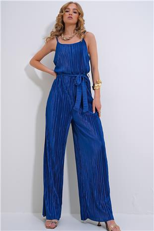 Kadın Lacivert Askılı Beli Kemerli Göğüs Dekolteli Pileli Tulum ALC-X12192