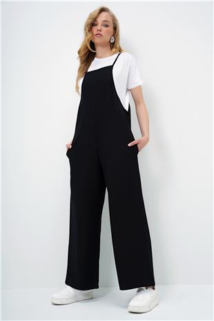 Kadın Siyah Askılı Bol Kesim Keten Tulum Ve Basic Pamuklu T-Shirt 2Li Takım ALC-X4367-1