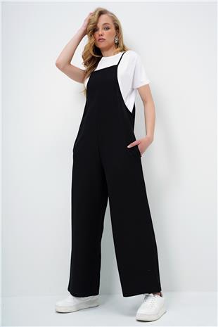 Kadın Siyah Askılı Bol Kesim Keten Tulum Ve Basic Pamuklu T-Shirt 2Li Takım ALC-X4367-1