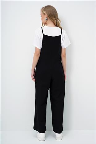 Kadın Siyah Askılı Bol Kesim Keten Tulum Ve Basic Pamuklu T-Shirt 2Li Takım ALC-X4367-1
