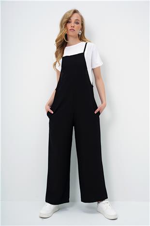 Kadın Siyah Askılı Bol Kesim Keten Tulum Ve Basic Pamuklu T-Shirt 2Li Takım ALC-X4367-1