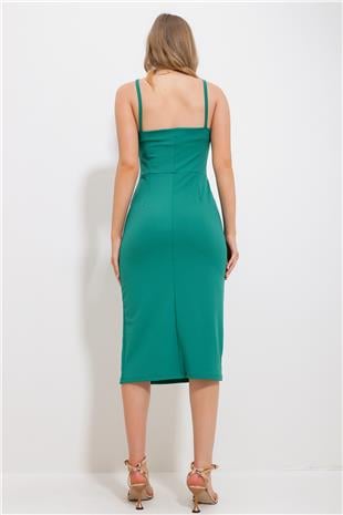 Kadın Yeşil Askılı Yırtmaç Detaylı Elbise ALC-X11800