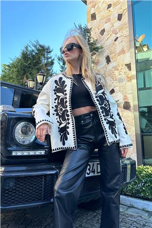 Kadın Ekru Astarlı Nakışlı Ceket ALC-X11226