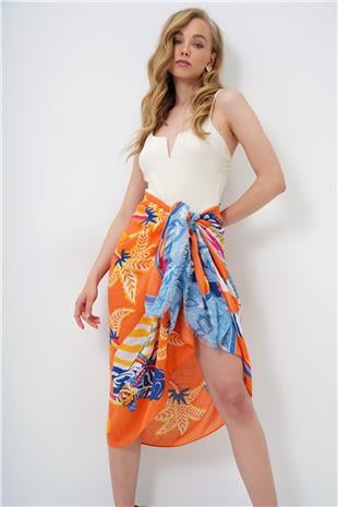 Kadın Turuncu Desenli Pareo Şal ALC-X14150