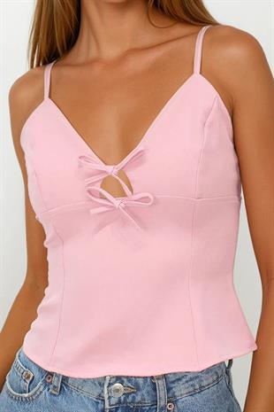 Kadın Pembe Ayarlanabilir İp Askılı Fiyonk Detaylı Fermuar Kapamalı Bluz VS00232