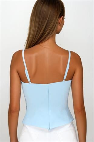 Kadın Bebe Mavi Ayarlanabilir İp Askılı Fiyonk Detaylı Fermuar Kapamalı Bluz VS00232