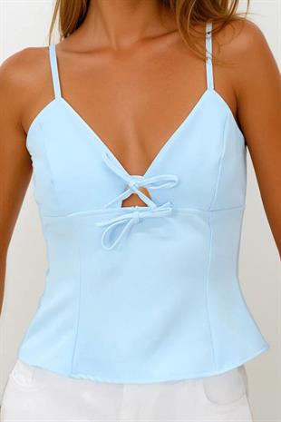 Kadın Bebe Mavi Ayarlanabilir İp Askılı Fiyonk Detaylı Fermuar Kapamalı Bluz VS00232