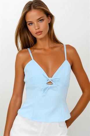 Kadın Bebe Mavi Ayarlanabilir İp Askılı Fiyonk Detaylı Fermuar Kapamalı Bluz VS00232