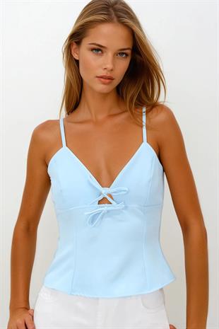Kadın Bebe Mavi Ayarlanabilir İp Askılı Fiyonk Detaylı Fermuar Kapamalı Bluz VS00232