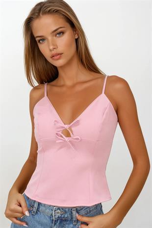 Kadın Pembe Ayarlanabilir İp Askılı Fiyonk Detaylı Fermuar Kapamalı Bluz VS00232