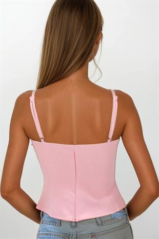Kadın Pembe Ayarlanabilir İp Askılı Fiyonk Detaylı Fermuar Kapamalı Bluz VS00232