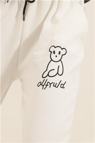 Kadın Beyaz Ayıcık Baskılı Paçası Lastikli İki İplik Eşofman Altı ALC-X7956