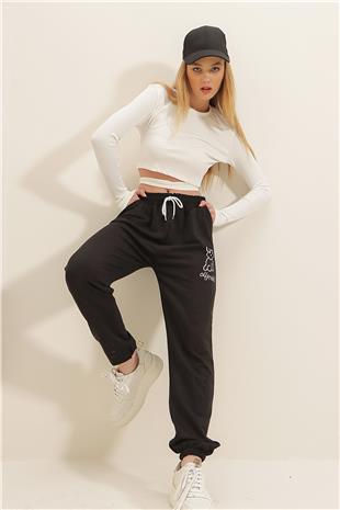 Kadın Siyah Ayıcık Baskılı Paçası Lastikli İki İplik Eşofman Altı ALC-X7956
