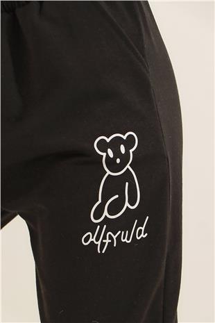 Kadın Siyah Ayıcık Baskılı Paçası Lastikli İki İplik Eşofman Altı ALC-X7956