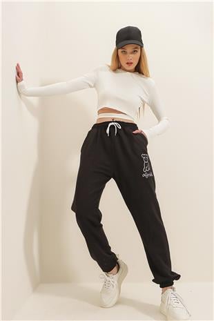 Kadın Siyah Ayıcık Baskılı Paçası Lastikli İki İplik Eşofman Altı ALC-X7956