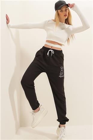 Kadın Siyah Ayıcık Baskılı Paçası Lastikli İki İplik Eşofman Altı ALC-X7956