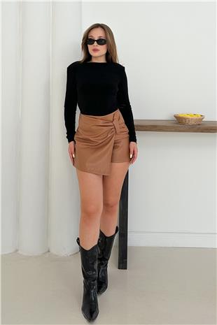 Kadın Sütlü Kahve Bağlama Detaylı Fermuar Kapamalı Şort Etek VS00891