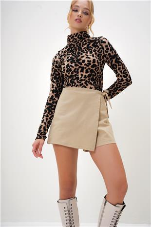 Kadın Bej Bağlama Detaylı Gabardin Mini Şort Etek ALC-X13131